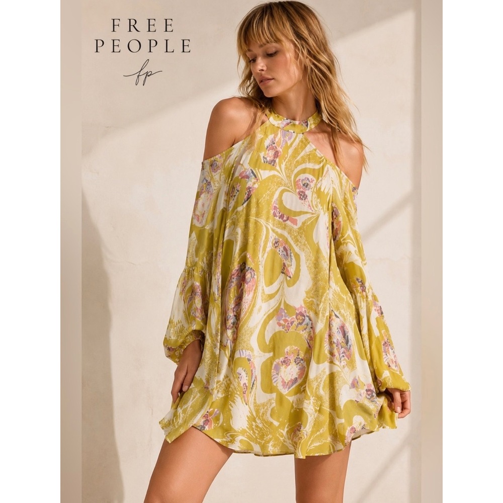 Free People Drift Away Tunic Dress Yellow Floral Cold Shoulder Halter OB687897 M